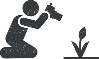 Man, flower, cameraman, macro, photo pictogram icon vector illustration in stamp style