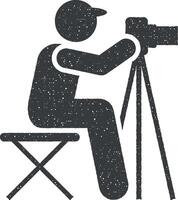 Cameraman, photography, taking, tripod pictogram icon vector illustration in stamp style