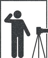 Photographer, shooting, camera, working pictogram icon vector illustration in stamp style