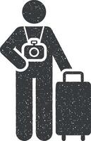 fotógrafo, viajar, cámara pictograma icono vector ilustración en sello estilo