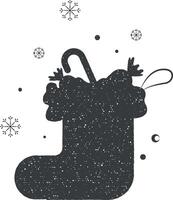 Navidad calcetín, regalo invierno vestir icono vector ilustración en sello estilo