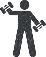 Dumbbell exercise training weight with arrow pictogram icon vector illustration in stamp style