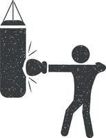 Boxer beats punching bag vector icon illustration with stamp effect