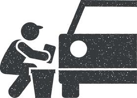 auto, hombre, lavar icono vector ilustración en sello estilo