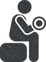 hombre Deportes gimnasio ejercicio pesas con flecha pictograma icono vector ilustración en sello estilo