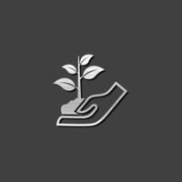 Hand holding tree icon in metallic grey color style. Ecosystem environment conservation vector