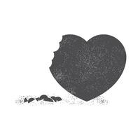 Heart shaped with bitten mark and crumbs beneath. Grayscale vector illustration.