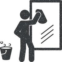 hombre limpiando espejo vector icono ilustración con sello efecto