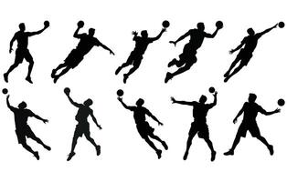 Set of Handball Players Silhouetes,Handball player in action, attack shut in jumping vector silhouette.