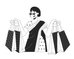 Korean woman celebrating Diwali with gift bags black and white 2D line cartoon character. Happy lady isolated vector outline person. Hindu festival Deepawali monochromatic flat spot illustration