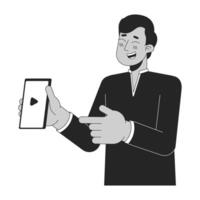 Laughing young adult indian man showing phone black and white 2D line cartoon character. South asian guy isolated vector outline person. Hindu festival of lights monochromatic flat spot illustration