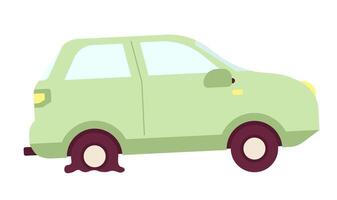 Accident automobile with flat tire 2D cartoon object. Broken transport isolated vector item white background. Rubber wheel punctured. Breakdown car tyre puncture color flat spot illustration