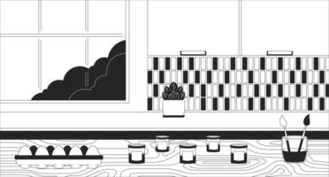 Easter egg preparation in kitchen black and white cartoon flat illustration. Brush paints, crate eggs on table 2D linear interior background. Springtime festive monochrome scene vector outline image