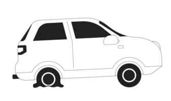 Accident automobile with flat tire black and white 2D cartoon object. Broken transport isolated vector outline item. Rubber wheel punctured. Breakdown car tyre monochromatic flat spot illustration