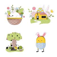 Easter-eggs festivities 2D linear illustrations concept set. Bunny basket, chicken Eastertime cartoon characters isolated on white. Eggs hunt metaphor abstract flat vector outline graphic collection