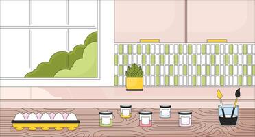 Easter egg preparation in kitchen line cartoon flat illustration. Paintbrush paints, crate eggs on table 2D lineart interior background. Springtime festive paschal scene vector color image