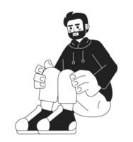 Sitting caucasian bearded man black and white 2D cartoon character. Casual outfit european guy isolated vector outline person. Leisure relaxed. Beard male smiling monochromatic flat spot illustration