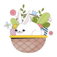 Rabbit Easter basket 2D linear illustration concept. Bunny basket eggs spring flowers cartoon character isolated on white. Paschal animal springtime metaphor abstract flat vector outline graphic