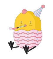 Party blowing cute baby chicken in birthday hat 2D linear cartoon character. Whistle noisemaker small chick isolated line vector personage white background. Funny bird color flat spot illustration