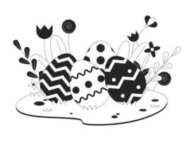 Hidden Easter eggs in grass flowers black and white cartoon flat illustration. April paschal 2D lineart objects isolated. Eastertide custom. Easter-egg hunt monochrome scene vector outline image