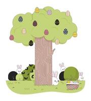 Easter bunnies tree springtime line cartoon flat illustration. Eastertime rabbits 2D lineart animals isolated on white background. Ostereierbaum eggs hunt Eastertide scene vector color image