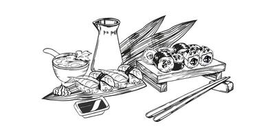 vector illustration of Japanese food theme with rolls, sushi, sashimi, soy sauce, chopsticks, soup and bamboo leaves, hand drawn inked monochrome sketch of seafood isolated on white background