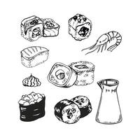 vector illustration of Japanese food theme with rolls, sushi, sashimi, soy sauce, shrimp, wasabi, set of hand drawn inked monochrome sketch of seafood isolated on white background