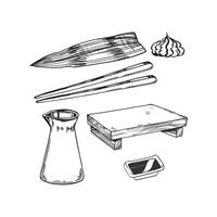 vector illustration of Japanese food theme with wooden board for sushi, soy sauce, chopsticks and bamboo leaves, hand drawn inked monochrome sketch of seafood isolated on white background