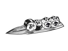 vector illustration of Japanese food theme with rolls, sushi, sashimi, wasabi and bamboo leaves, hand drawn inked monochrome sketch of seafood isolated on white background