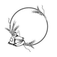 vector circle frame with ears of wheat, hand drawn illustration of branches of wheat, agriculture theme, black and white sketch of harvest theme isolated on white background