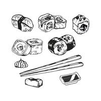 vector illustration of Japanese food theme with rolls, sushi, sashimi, soy sauce, chopsticks, set of hand drawn inked monochrome sketch of seafood isolated on white background