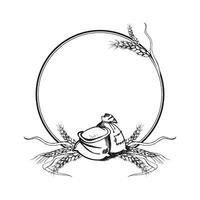 vector circle frame with ears of wheat and full textile bags of flour, hand drawn illustration of branches of wheat, agriculture theme, monochrome sketch of harvest theme isolated on white background