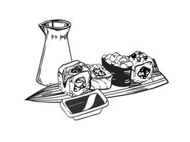 vector illustration of Japanese food theme with rolls, sushi, sashimi, soy sauce and bamboo leaves, hand drawn inked monochrome sketch of seafood isolated on white background