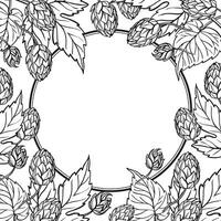 Hand drawn vector circle frame with hop plant, leaves and buds, craft beer ingredients, black and white illustration of branch humulus lupulus, inked illustration isolated on white background