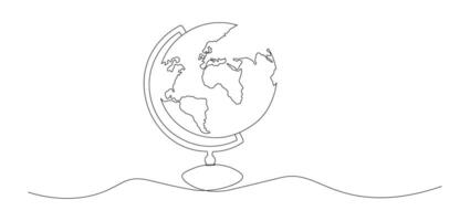 One continuous line drawing of school globe.World map doodle line drawing. Earth map hand drawn symbol vector