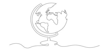 One continuous line drawing of school globe.World map doodle line drawing. Earth map hand drawn symbol vector