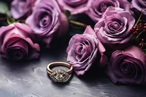 AI generated gold ring with diamonds on a background of beautiful purple roses photo
