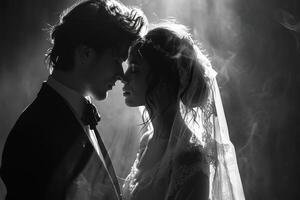 AI generated monochrome romantic wedding photo of young beautiful couple bride and groom standing face to face