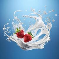 AI generated Falling white cream milk yogurt with two strawberries falling on a blue background photo