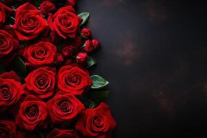 AI generated red roses border frame on dark wooden background top view, floral template with copy space photo
