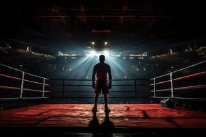 AI generated Rear view of a strong boxer in a boxing ring under spotlights photo