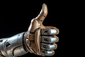 ai generado plata bronce ciencia fi robótico mano demostración pulgar arriba como un gesto de aprobación desde un izquierda lado aislado en negro foto