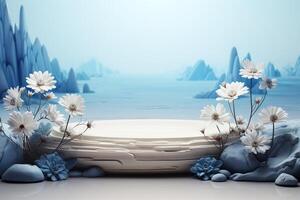 AI generated white platform podium with white flowers on blurred blue rocks background, template for montage or product advertising presentation photo
