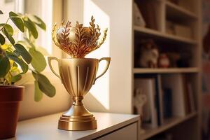 ai generado del ganador premio - un grande dorado taza en el antepecho en un borroso antecedentes de estantería foto