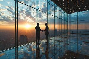 AI generated Side view of two silhouettes of businessmen shaking hands on the top floor near large window against the backdrop of the setting sun over a big city photo