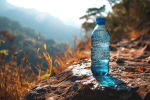 AI generated Small plastic bottle full of pure mineral water on a stone on a blurred sunny mountain background photo