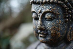 AI generated closeup face of bronze buddha statue on nature blurred background photo