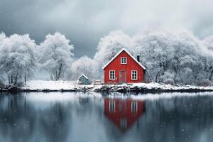 AI generated idyllic winter landscape small red wooden house on the lake in the forest with snow photo