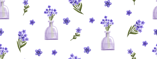 botánico púrpura sin costura modelo con nomeolvides. hermosa lozano ramo de flores en un vaso florero. mano dibujado ilustración. adecuado para envase papel, fondo de pantalla, decoración. png