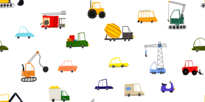 sin costura modelo con dibujado a mano carros. dibujos animados antecedentes para niños. para niños ciudad mapa con dibujos animados transporte. sin costura antecedentes con mano dibujado carros, camiones, excavador, tractor y camión de bomberos png